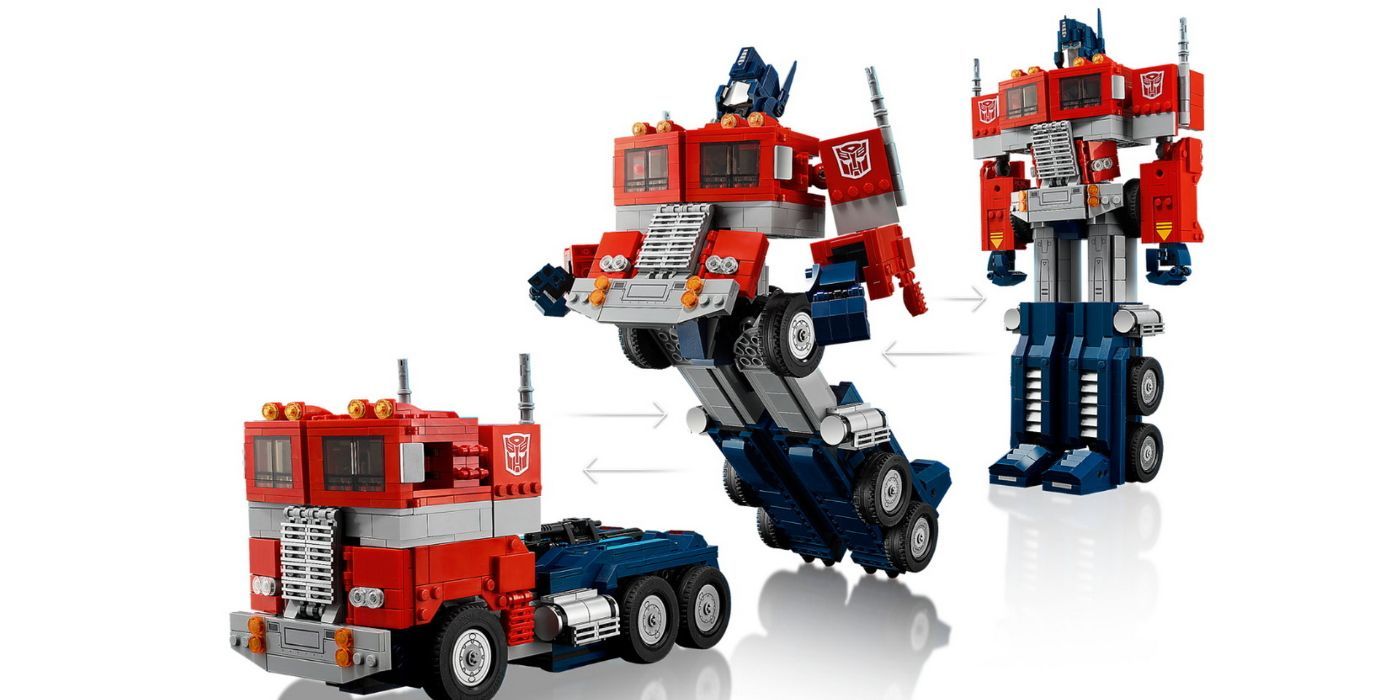 Lego Optimus Prime transforming into vehicle mode.