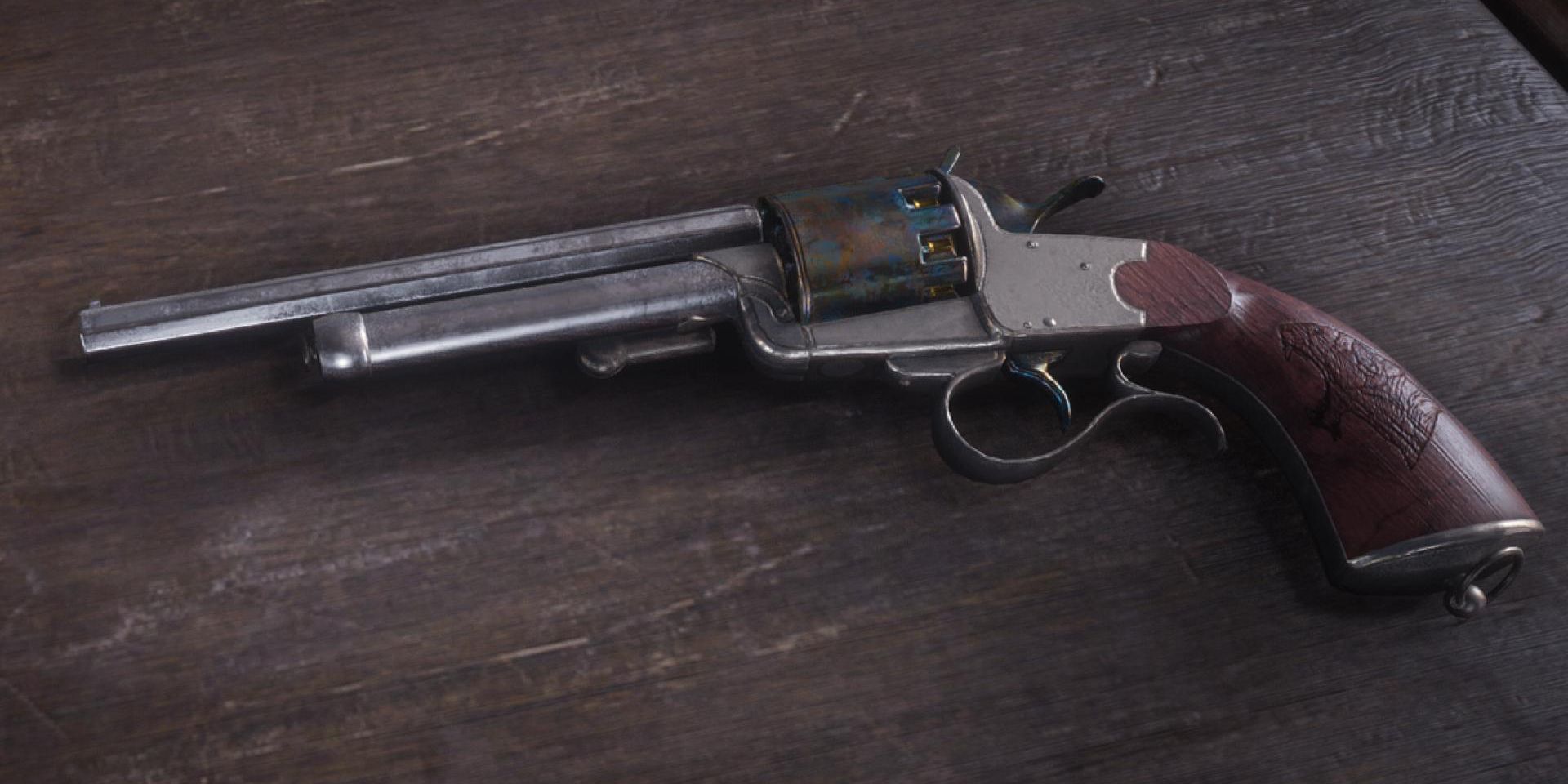 O revólver LeMat colocado em um balcão de armeiro em Red Dead Redemption 2