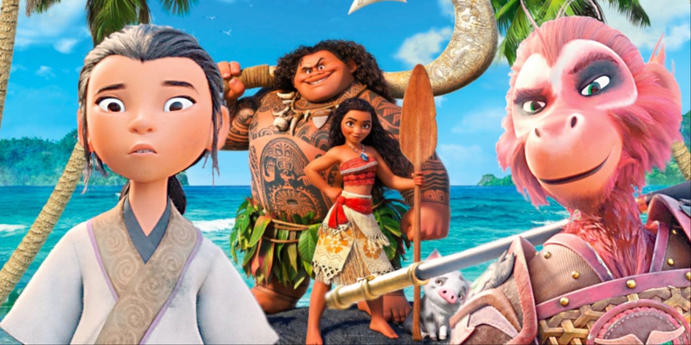 Lin and The Monkey King starring at something while Maui and Moana standing in the background