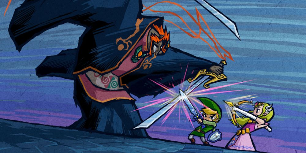Official artwork of Link and Zelda fighting Ganondorf in The Legend of Zelda: The Wind Waker