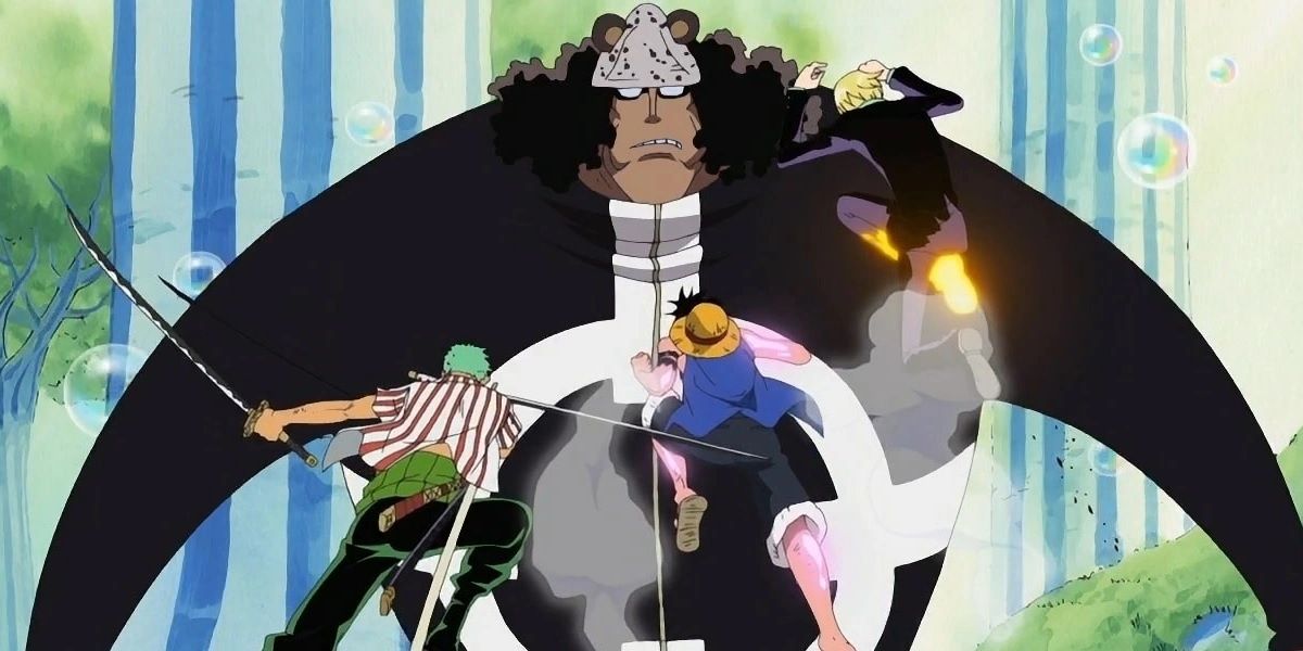 Luffy, Zoro, and Sanji attack Kuma in One Piece