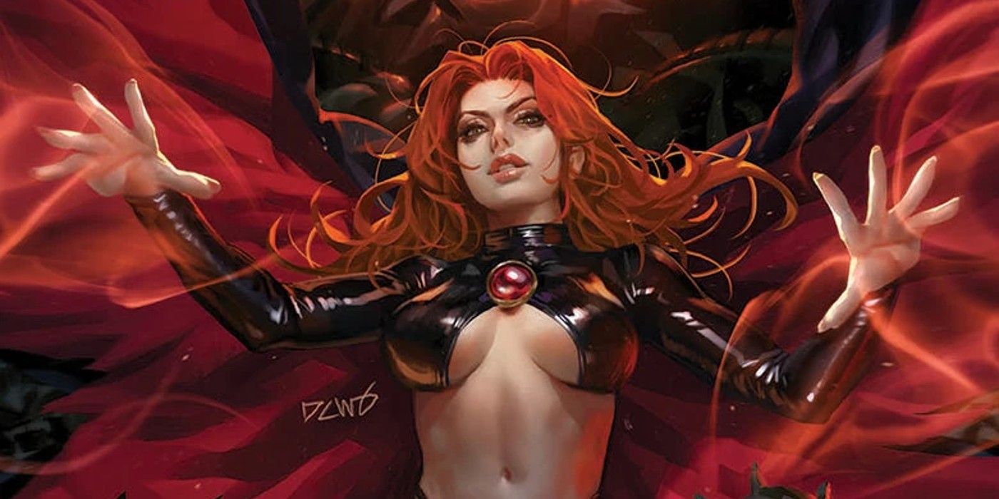 Madelyne Pryor, também conhecida como Rainha dos Duendes, em sua roupa de couro vermelho, com os braços abertos, liberando ondas de energia vermelha