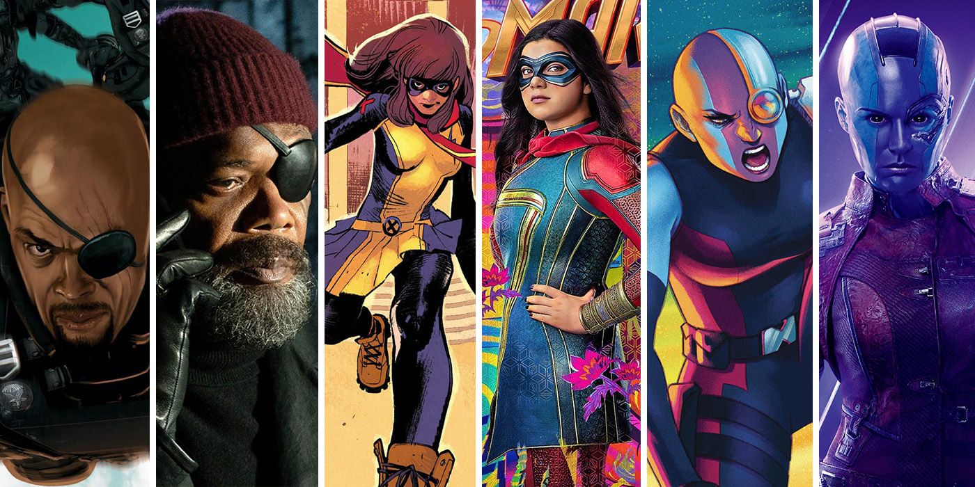 Nick Fury, Ms. Marvel and Nebula comic versions next to MCU live-action versions