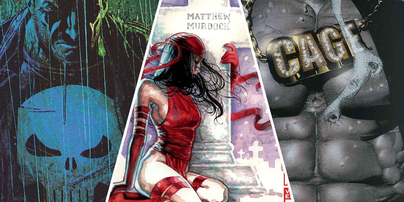 split image: Punisher and Luke Cage MAX logos and Elektra at Matt Murdock's grave