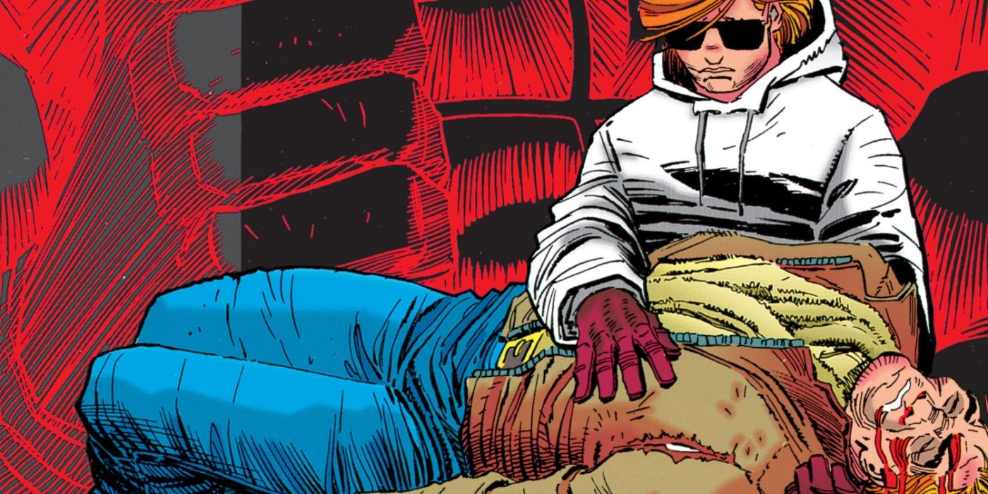 Um jovem Matt Murdock de luto pelo corpo de seu pai na capa de Demolidor: O Homem Sem Medo.