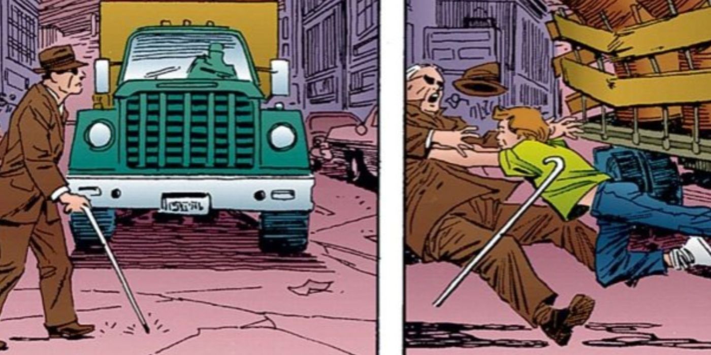 Matt Murdock salvando um homem cego de ser atropelado por um caminhão em Demolidor: Nascido de Novo.