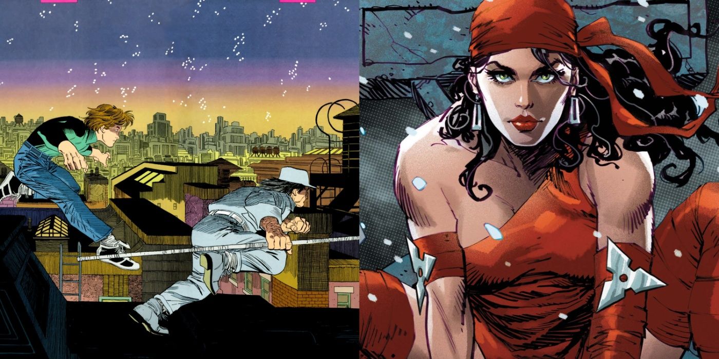 Imagem dividida de Matt e Stick treinando em Demolidor: O Homem Sem Medo e Elektra posicionada em um telhado em sua série solo.