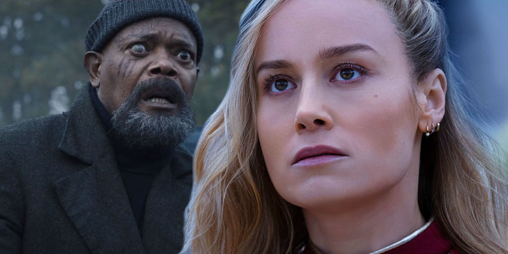 Split: Nick Fury (Samuel L. Jackson) looking shocked; Captain Marvel (Brie Larson) in The Marvels