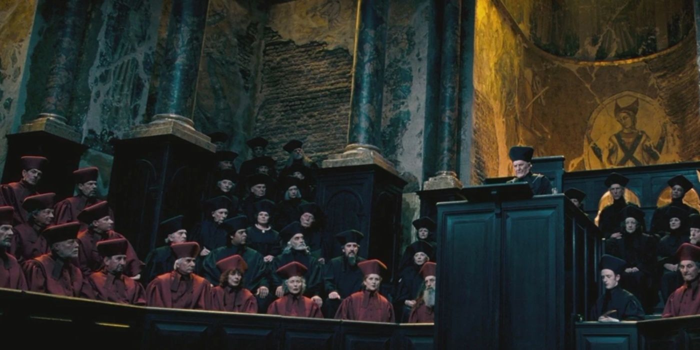 Members of the Wizengamot at the Ministry of Magic in Harry Potter