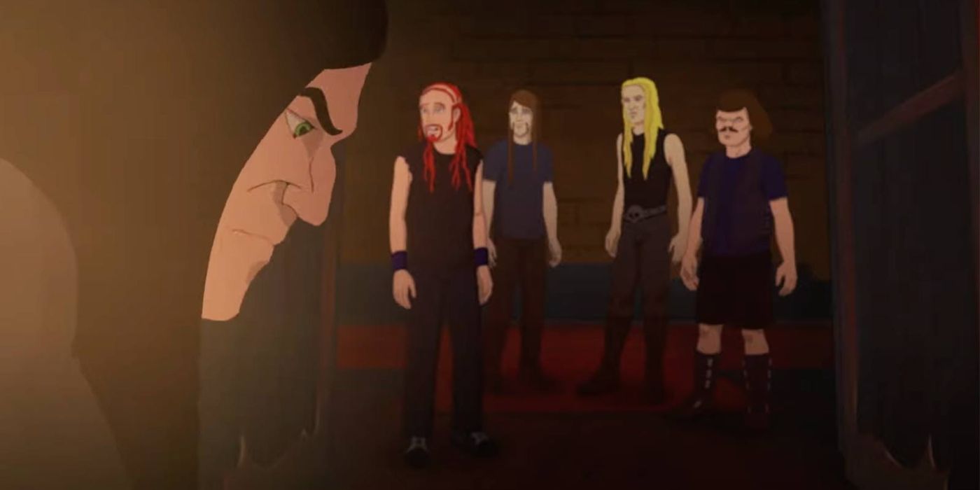 Dethklok confronts Nathan in Metalocalypse Army of the Doomstar