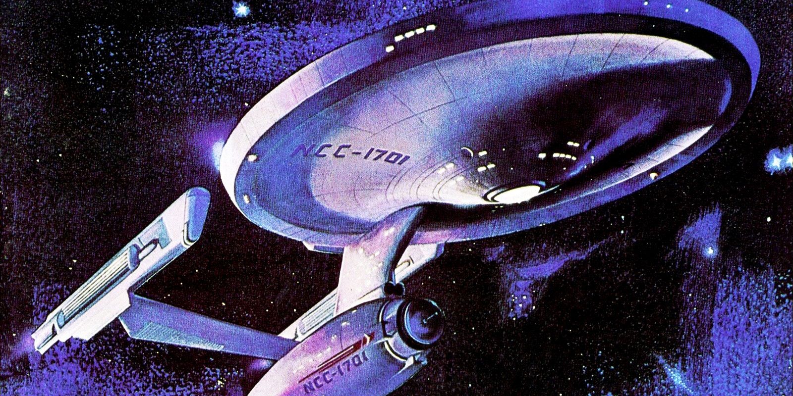 Mike Minor Drawing of the Star Trek Phase II Enterprise refit, the ship against a painted blue and black sky via Paramount