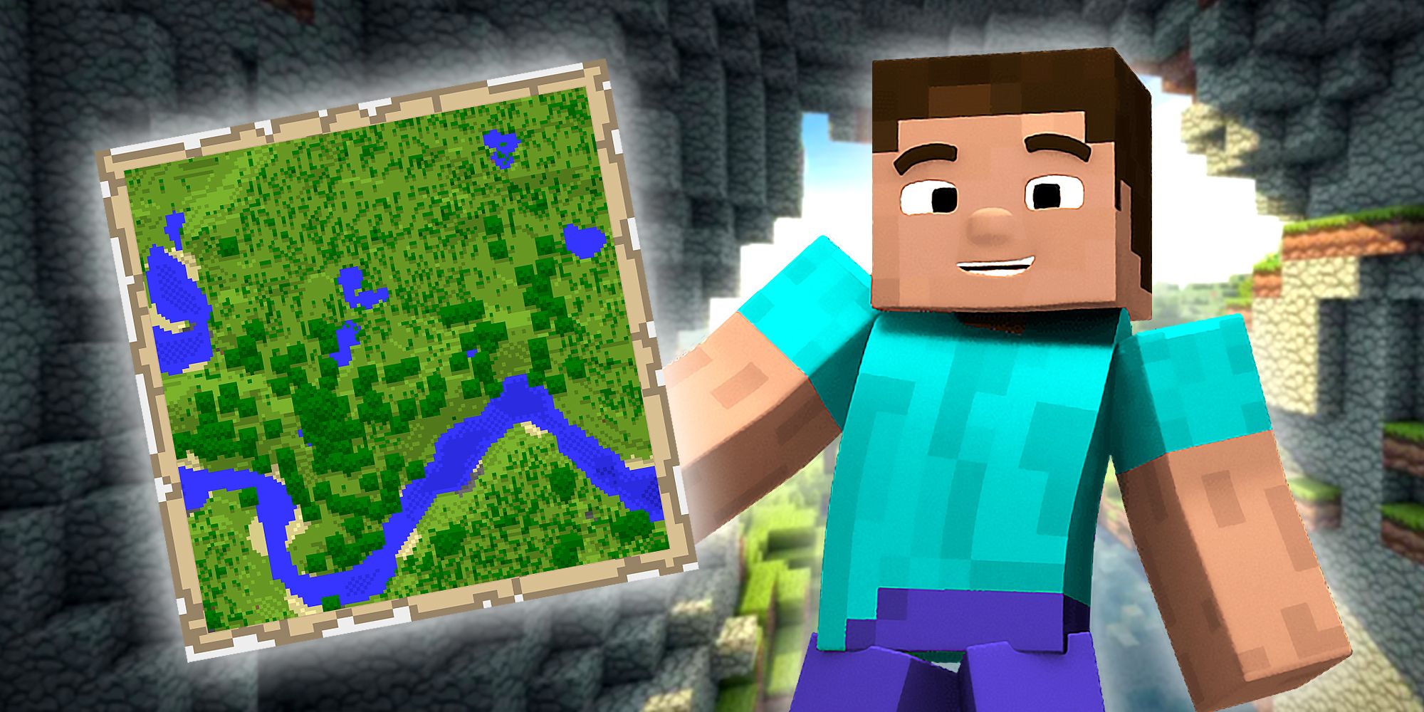 Minecraft man with map standing in a Minecraft cave