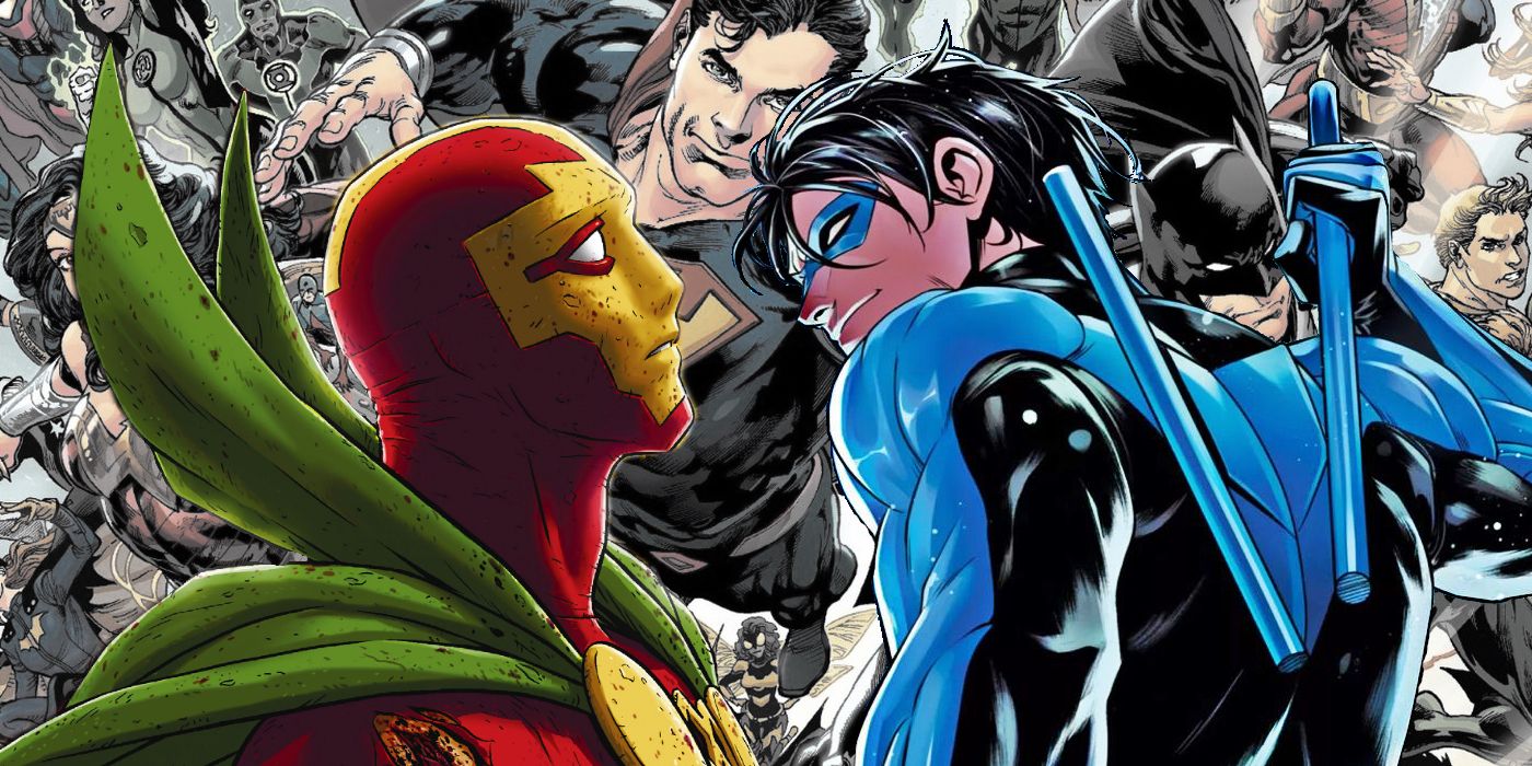 Mister Miracle and Nightwing in a collage with many other DC heroes