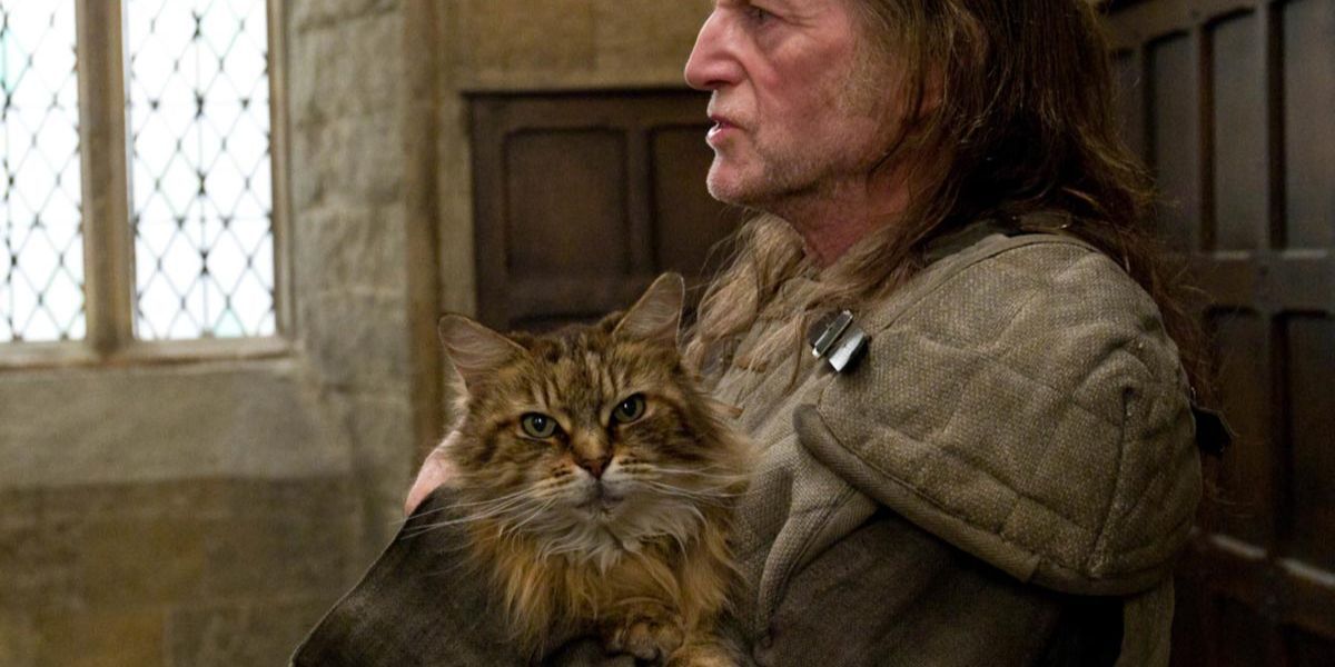 Argus Filch and his cat Mrs. Norris in Harry Potter