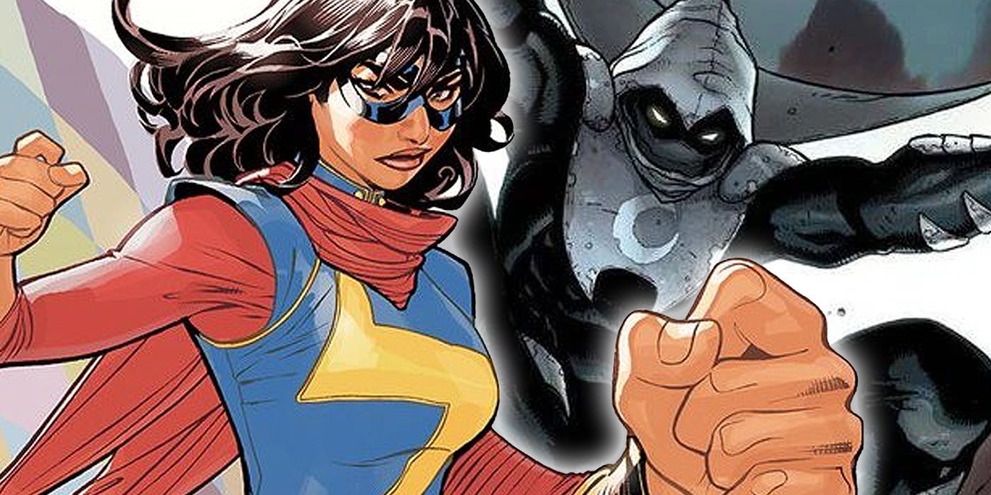 Ms. Marvel embiggens her fist and Moon Knight swoops down in the name of the moon