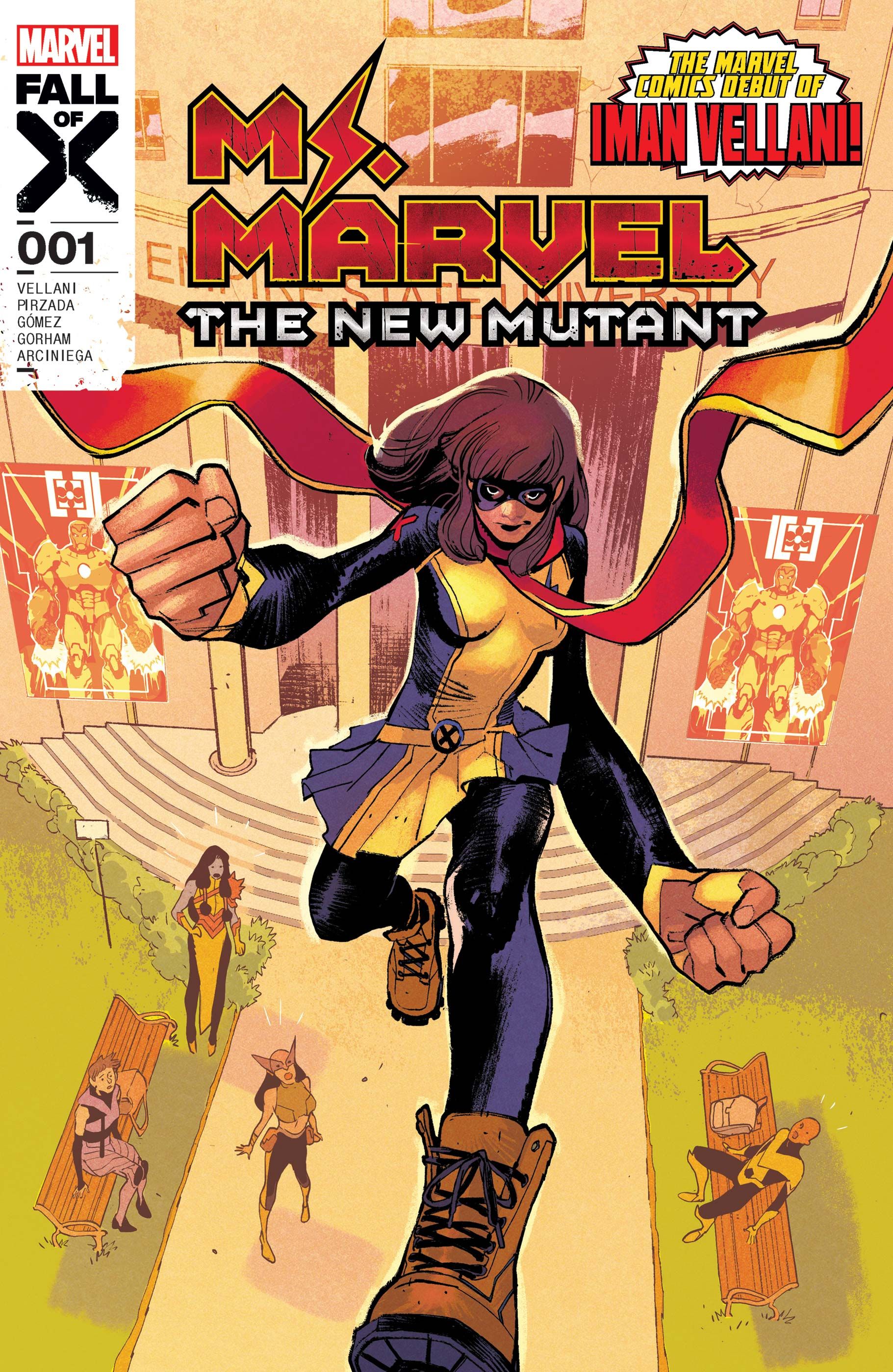 Ms. Marvel largely striding out of the entrance to a college
