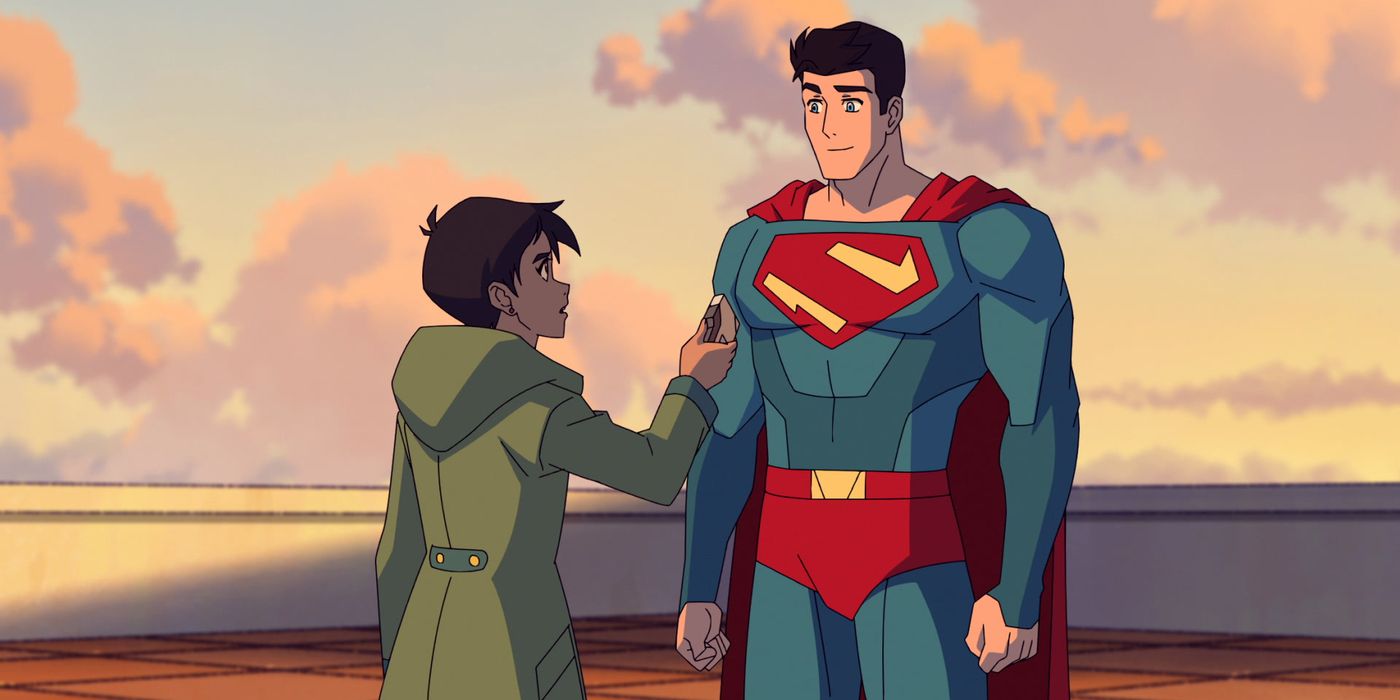 My Adventures with Superman: Superman, voiced by Jack Quaid, speaks with Lois on a rooftop at sunset.