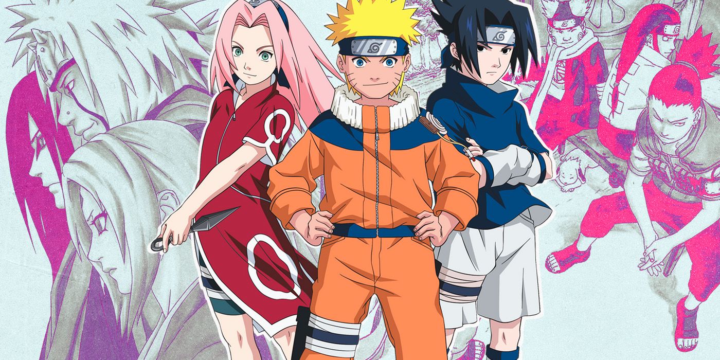 Sakura, Naruto, and Sasuke from the Naruto anime with a collage of side characters in the background