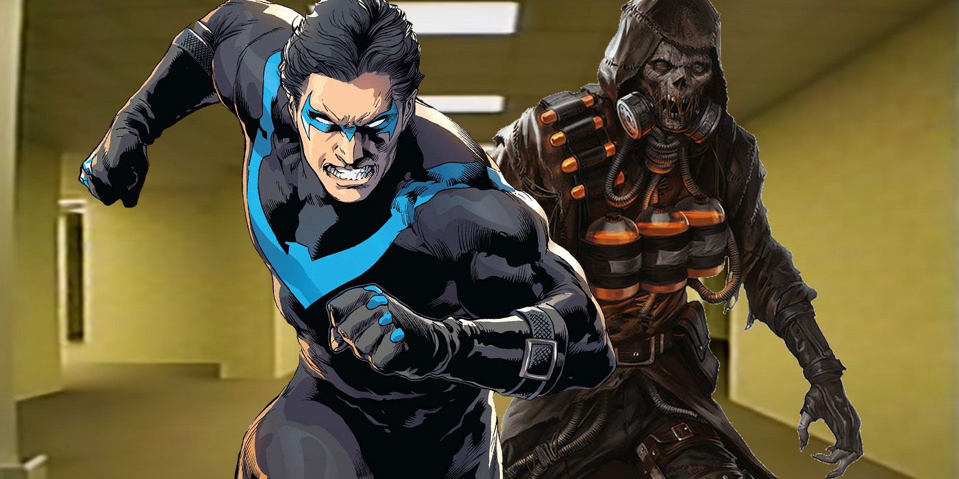 Nightwing from comics, Scarecrow from Arkham Knight and Backrooms meme