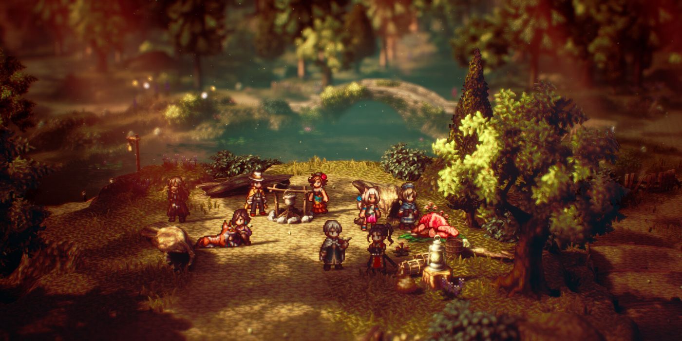 The Octopath II cast of characters milling around a fire in the forest.