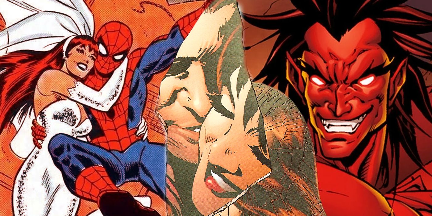 Composit image of Spider-Man and MJ together, Mephisto lurking in Hell in Marvel Comics