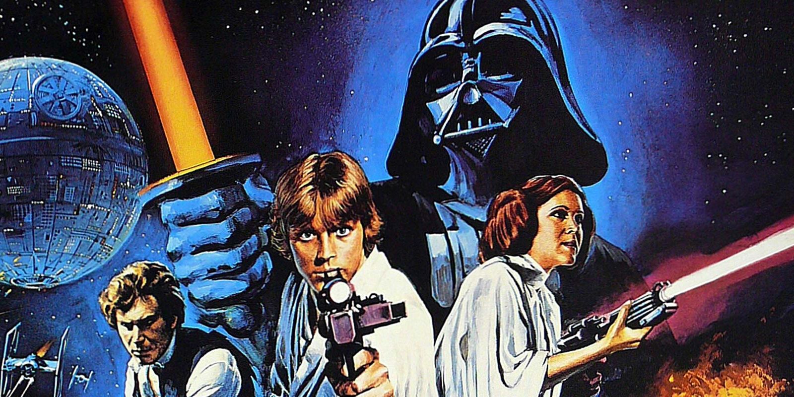 Original a new hope poster featuring Han Solo, Luke Skywalker, Darth Vader and Princess Leia