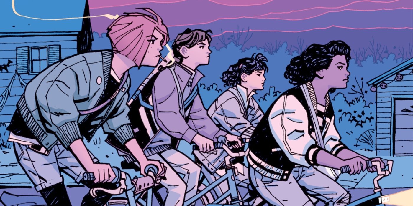Paper Girls Riding Their Bikes from the Comic Book Series