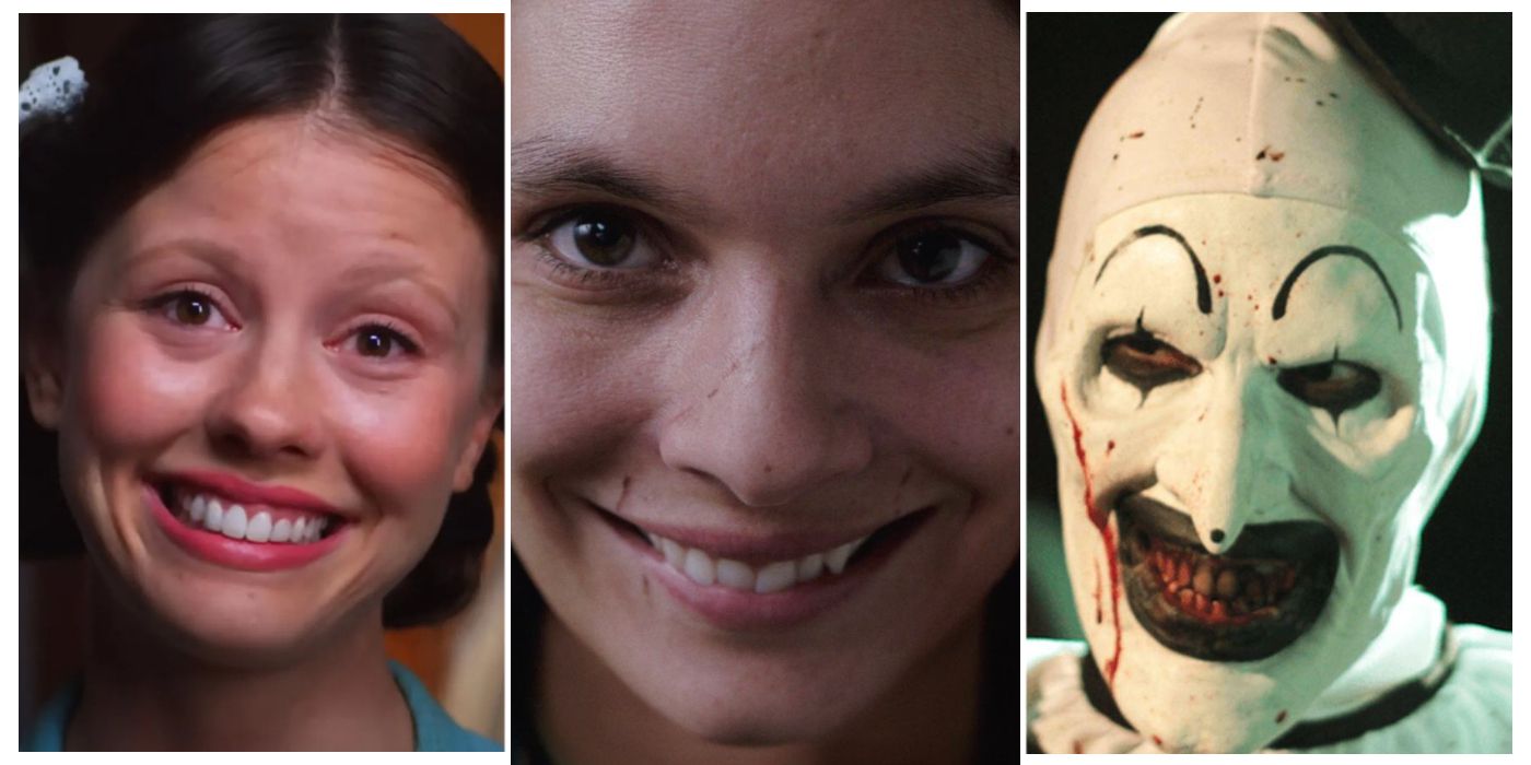 Pearl left from Pearl, smiling girl center from Smile, Art the Clown right from Terrifier 2