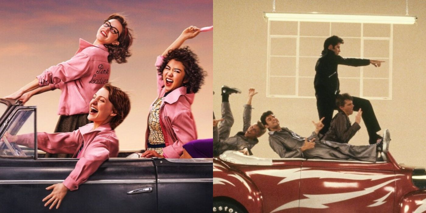 The Pink Ladies and the T-Birds in cars in Grease and Rise of the Pink Ladies