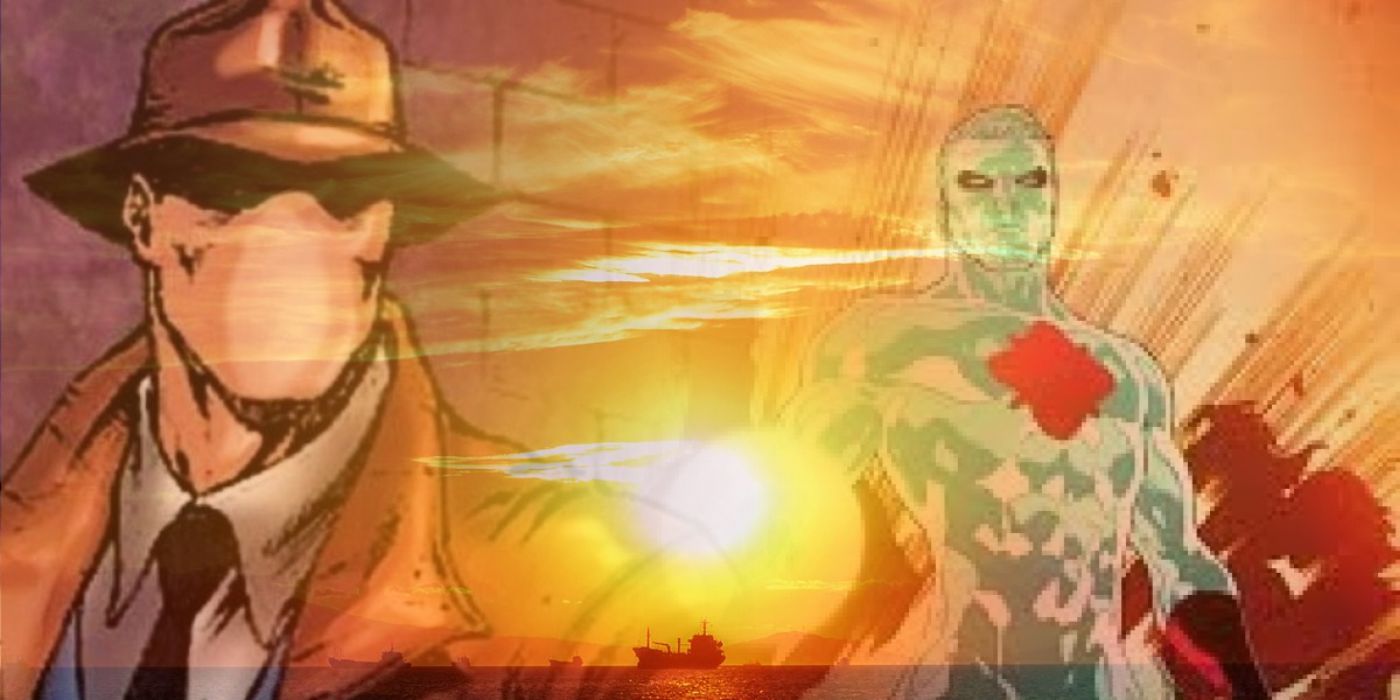The Question and Captain Atom amid a sunset.