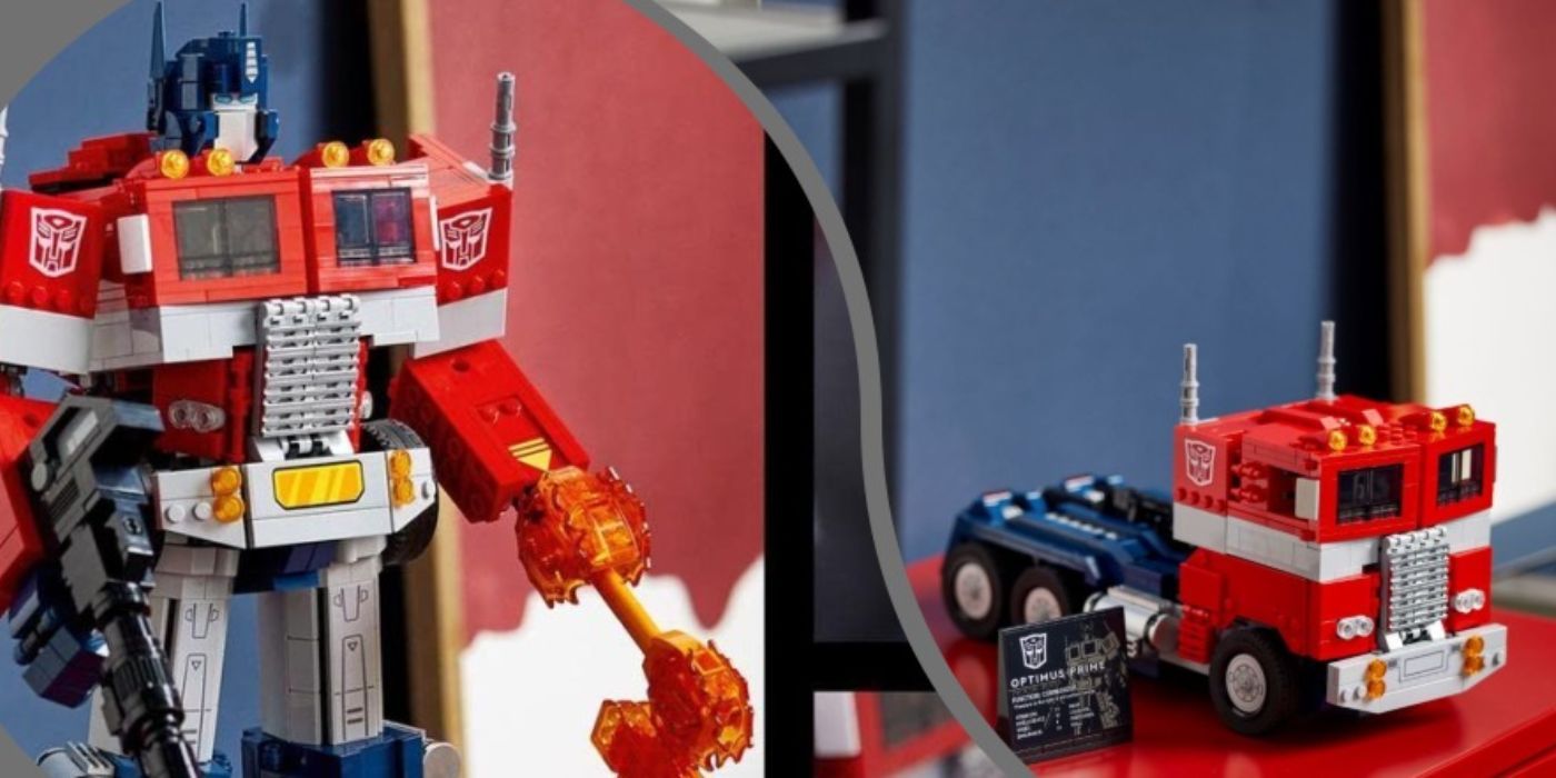 Split image of Lego Optimus Prime in both modes.