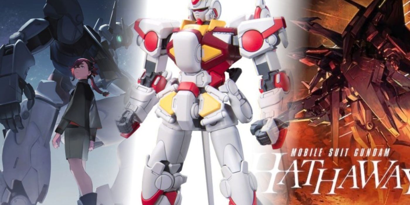 Split image of The Witch from Mercury, Gundam: Hathaway and a Build Fighters Gunpla.