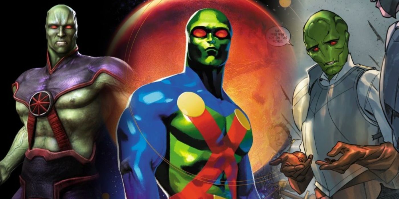 Split image of Martian Manhunter from different continuities. 