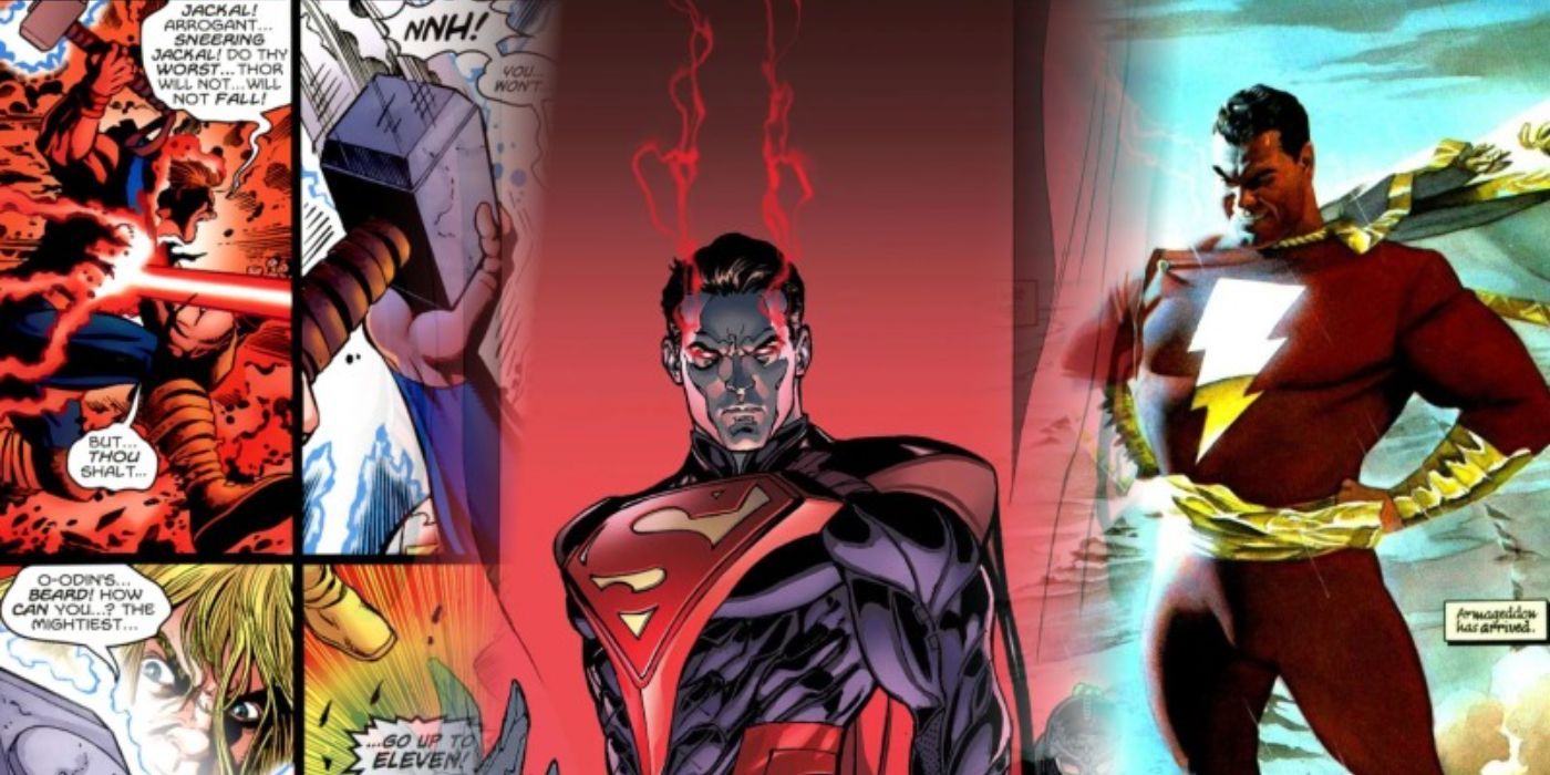 Split image: Superman vs Thor, Captain Marvel in Kingdom Come and Injustice Superman