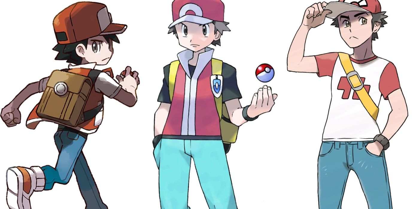 Imagem dividida da arte da Red Key de Pokémon Let's Go; FireRed e LeafGreen; e Sol e Lua.