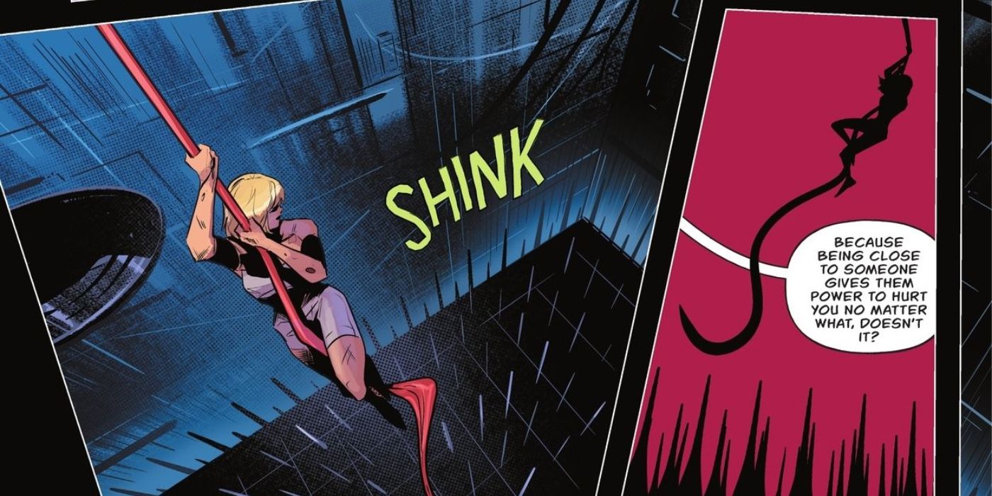 Power Girl clings to a rope above spikes, in DC Comics Knight Terrors