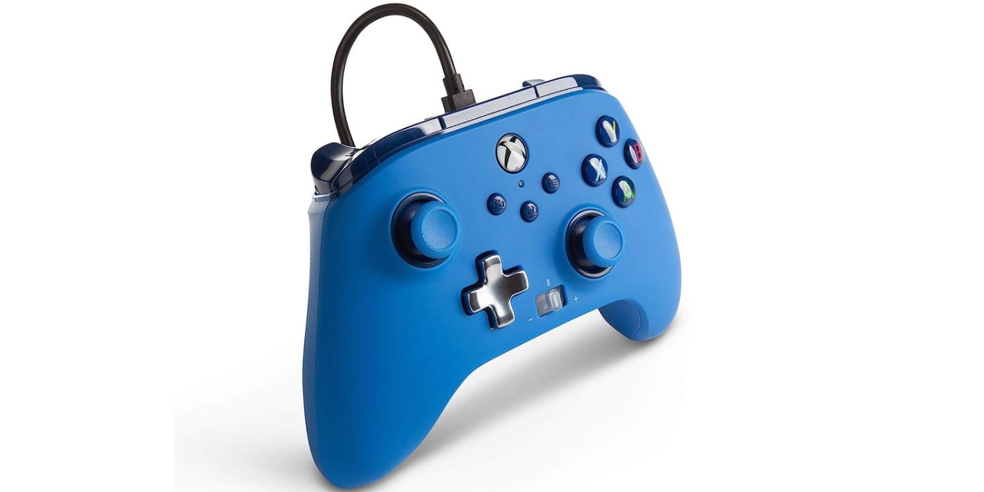 A blue PowerA Enhanced Wired Xbox controller.