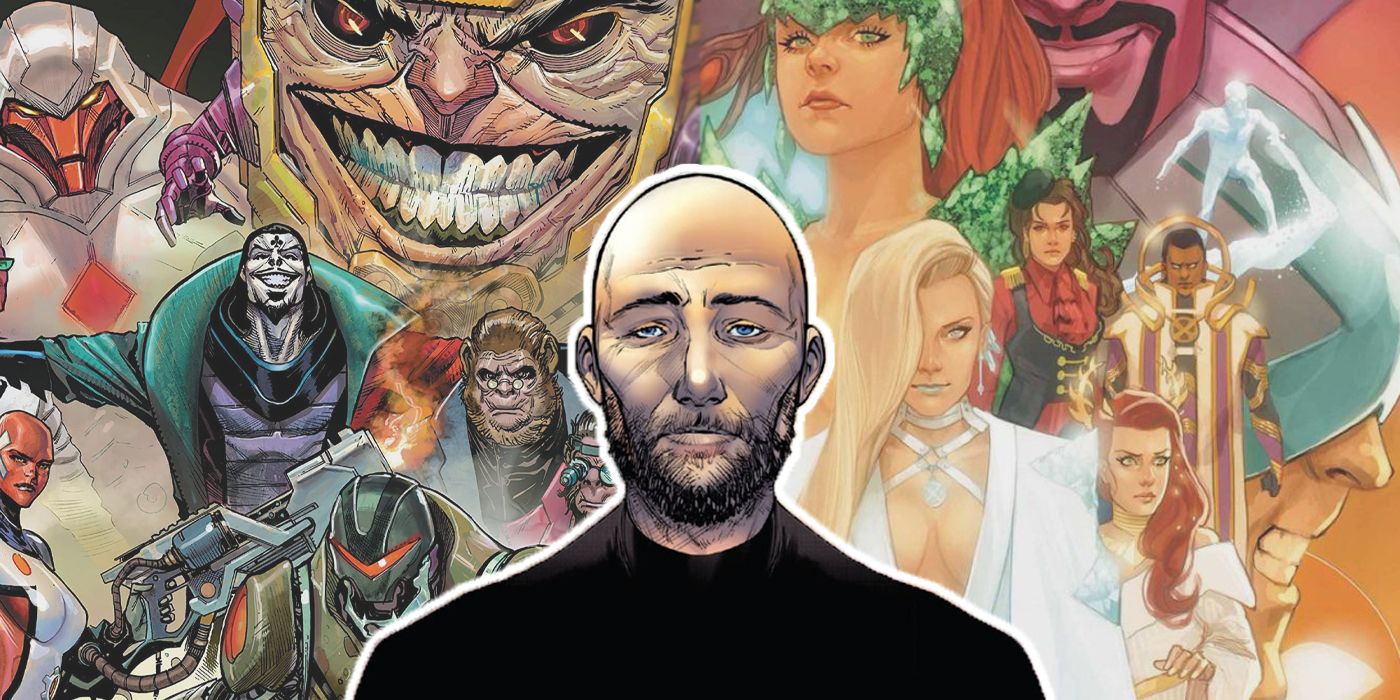 Professor X looking broken in front of a collage of Orchis and X-Men members