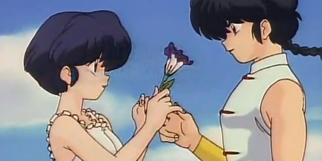 Ranma Saotome gives Akane Tendo a flower in Ranma 1/2.