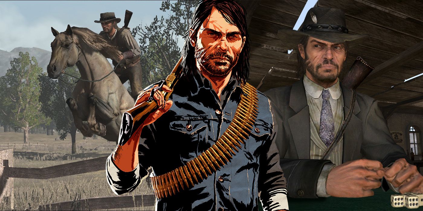 Split image: John Marston leaping a fence on horseback and playing poker in the Elegant Suit in Red Dead Redemption