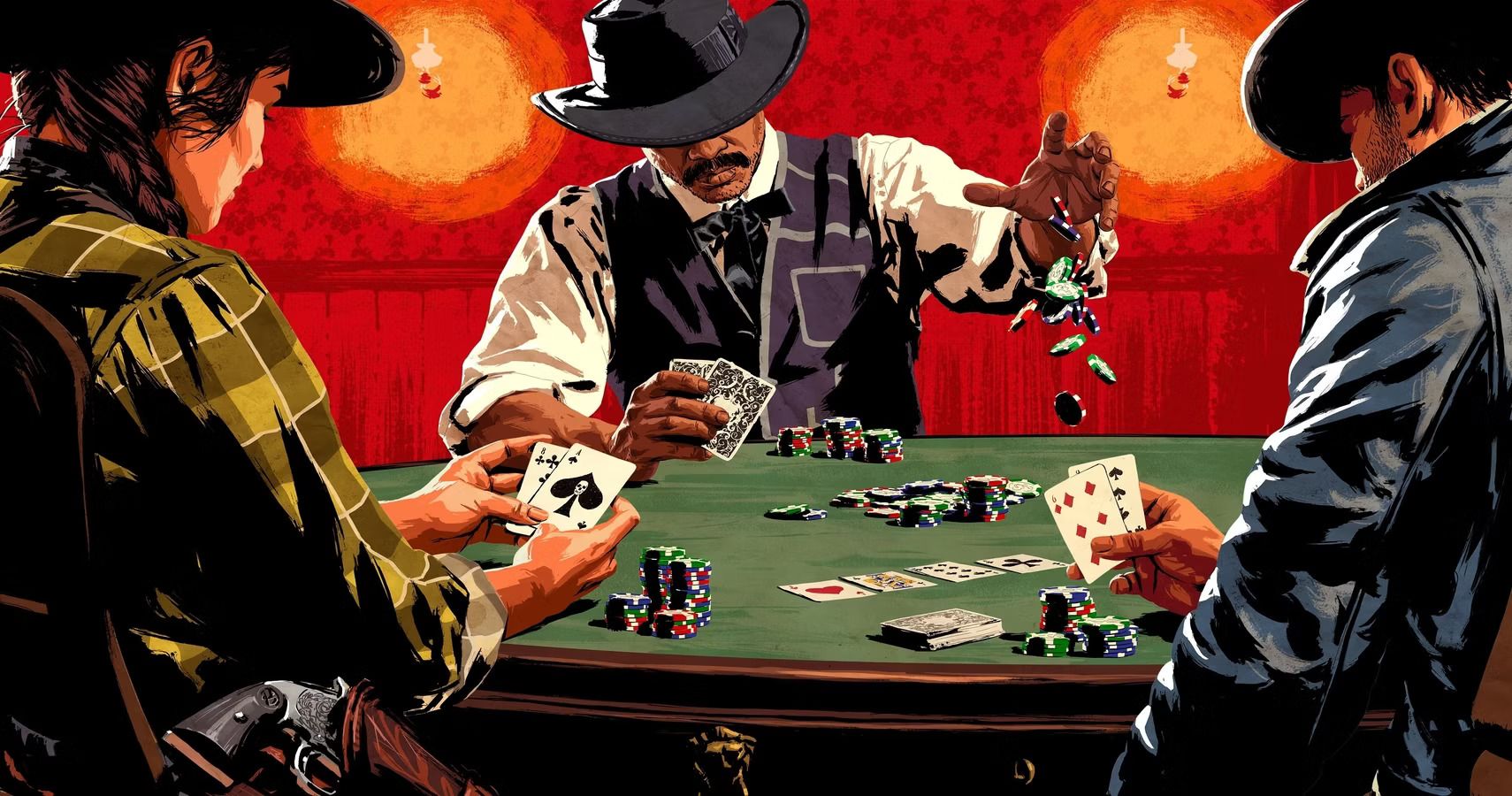 A group of cowpokes playing poker in red dead redemption