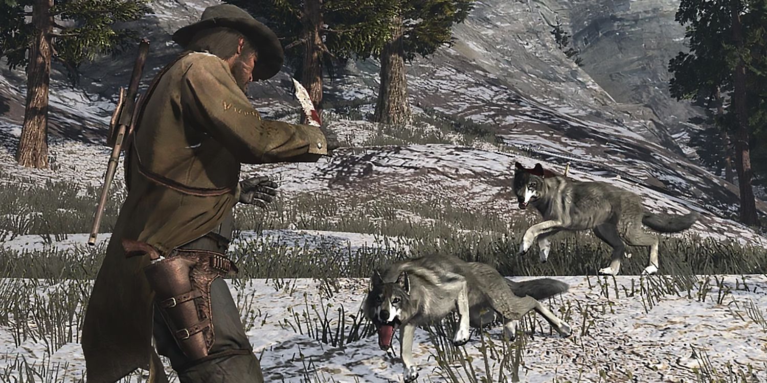 Red Dead Redemption John Marston fighting wolves with a knife