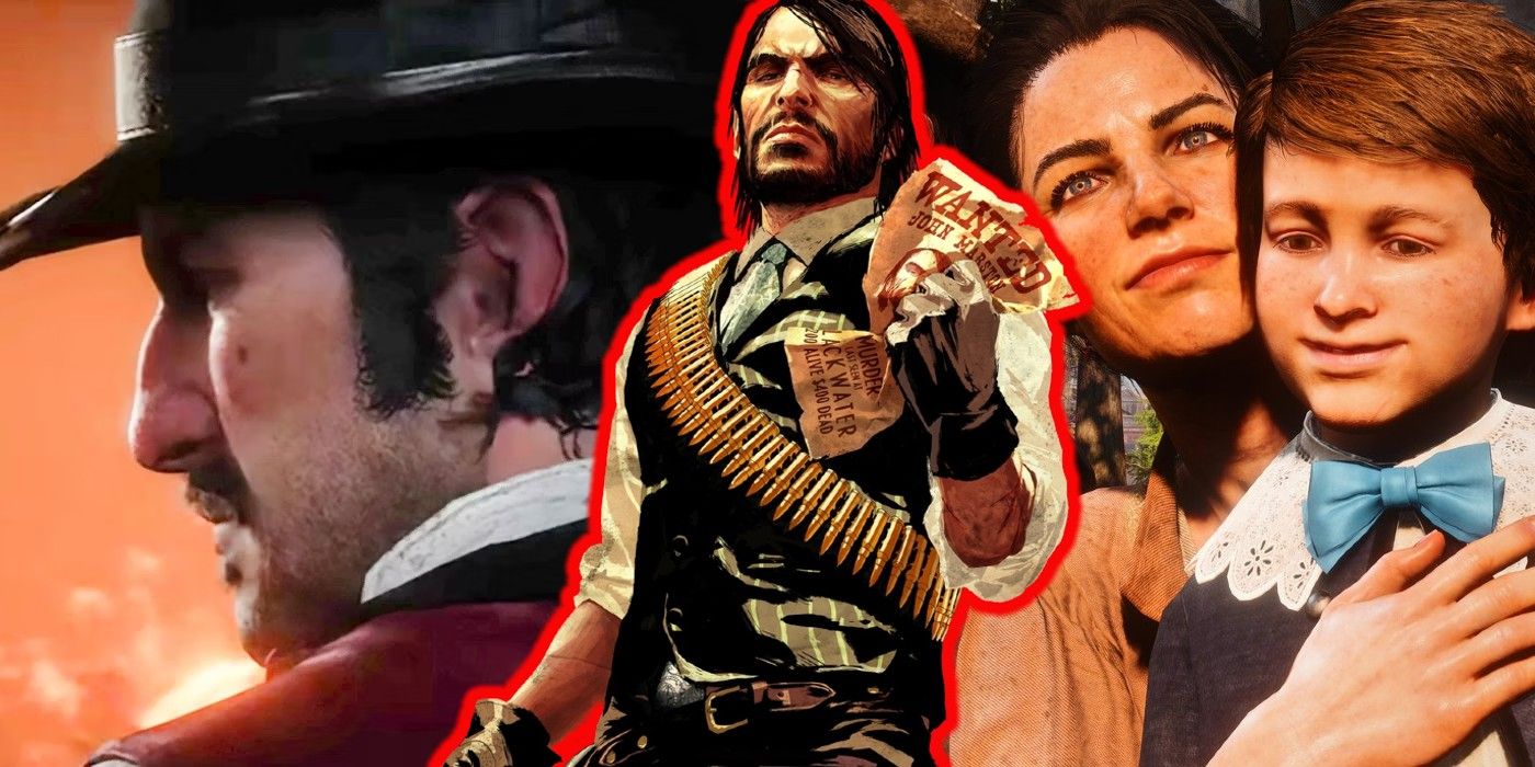 Red Dead Redemption - a split image showing Dutch Van der Linde on the left, John Marston holding his own wanted poster in the center, and John Marston's wife and child on the right