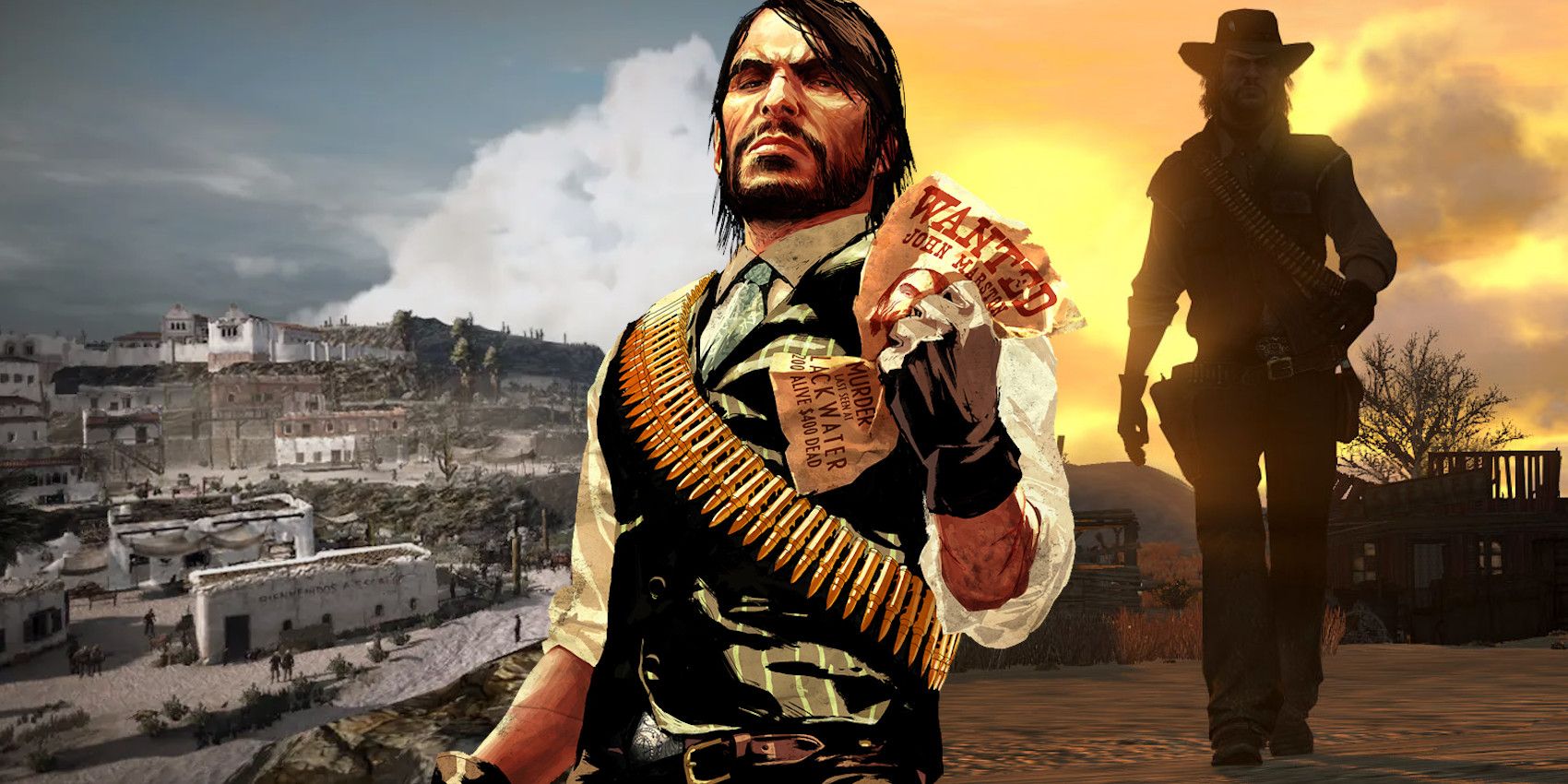 John Marston from Red Dead Redemption in front of a town and a silhouette