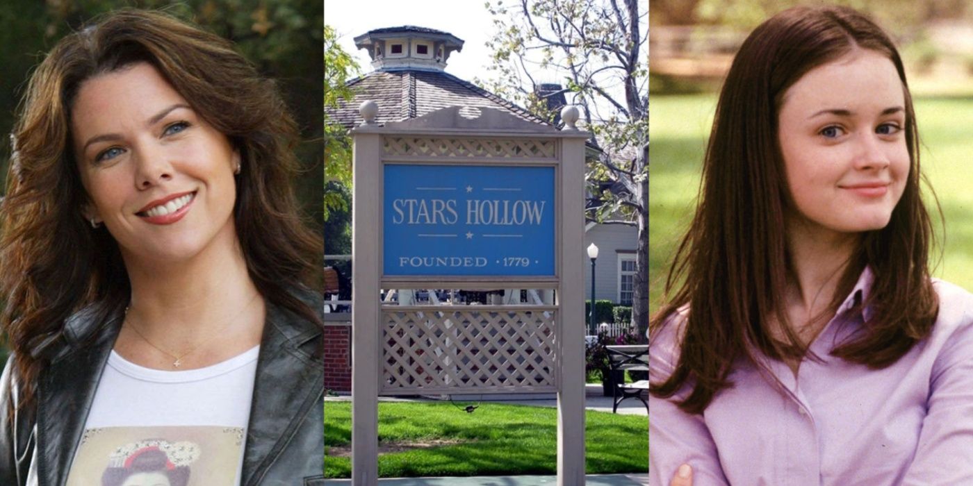Lorelai, the sign for Stars Hollow, and Rory from Gilmore Girls. 