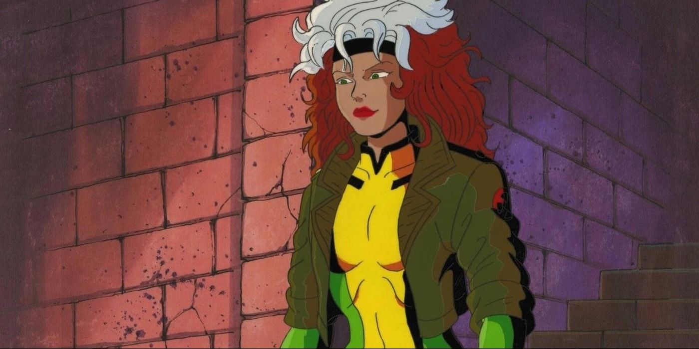 A still from X-Men: The Animated Series features Rogue in front of a brick wall