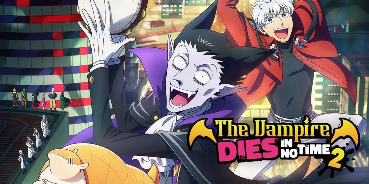 Promotional image for the Vampire Dies In No Time Season 2 featuring Draluc, John, and Ronaldo dancing with Shin-Yokohama in the background