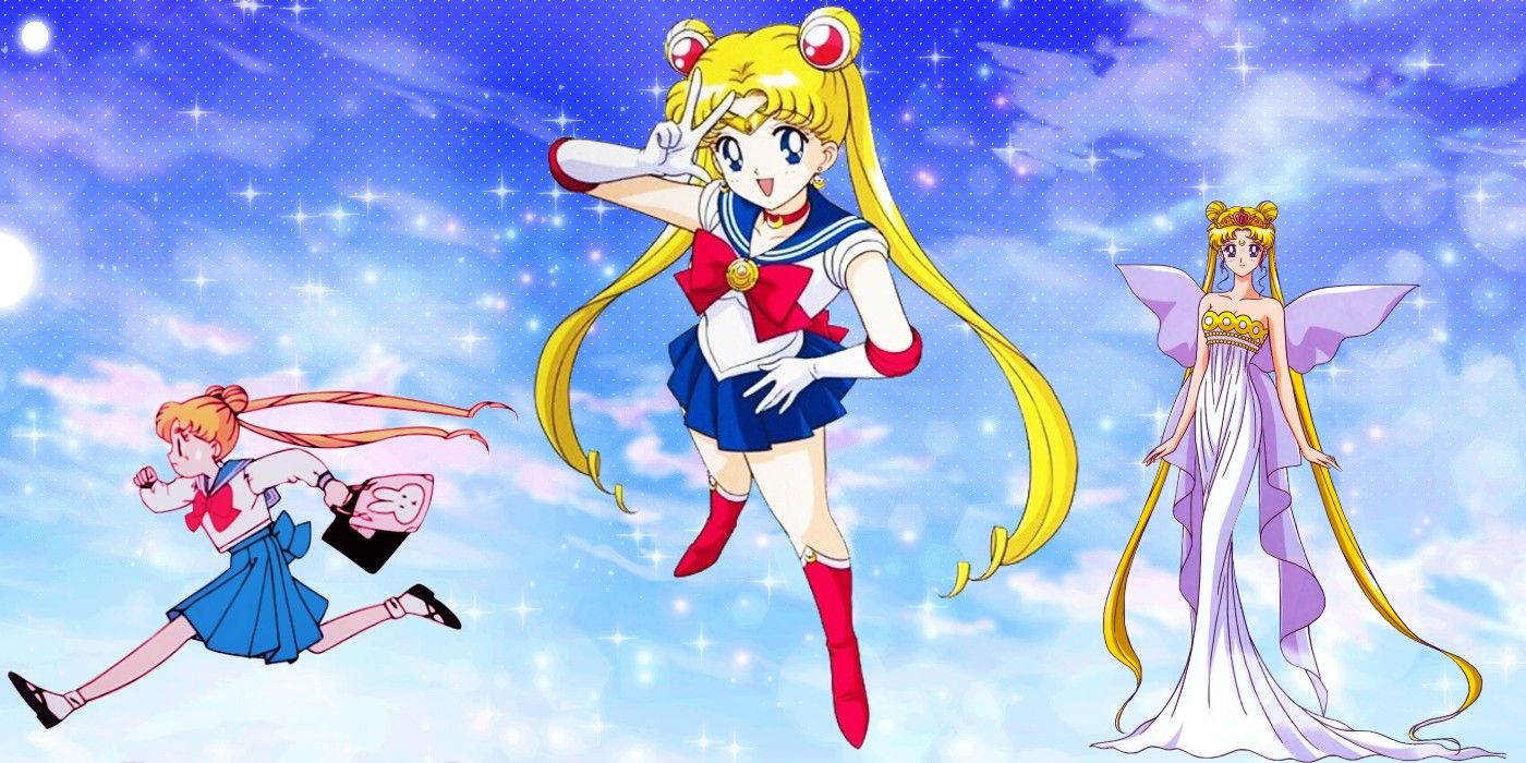 A blue sky background with various images of Sailor Moon