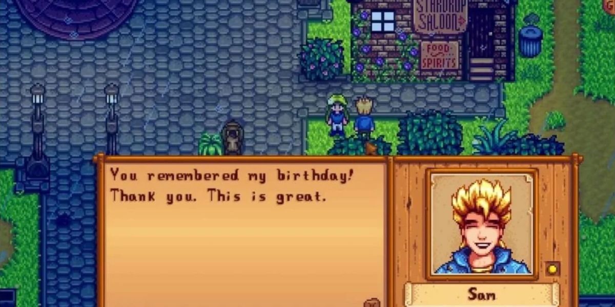 The player giving Sam a birthday gift during his Stardew Valley romance