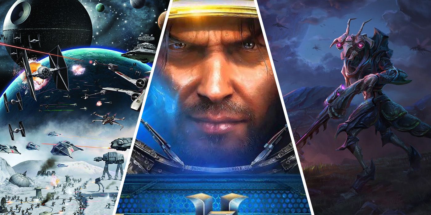 split image: Star Wars: Empire at War, Starcraft 2 and Age of Wonders: Planetfall posters